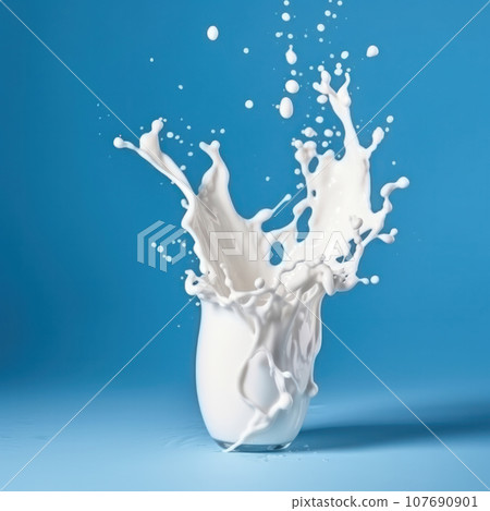 Liquid milk splashing on a blue surface, a fresh and vibrant representation of dairy products is AI Generative. 107690901