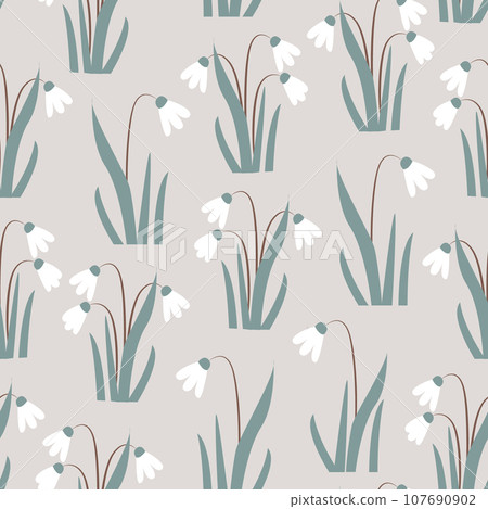 Seamless pattern with Snowdrops flowers on grey background. Vector Illustration. Seamless pattern with Snowdrops flowers on grey background. Vector Illustration. 107690902