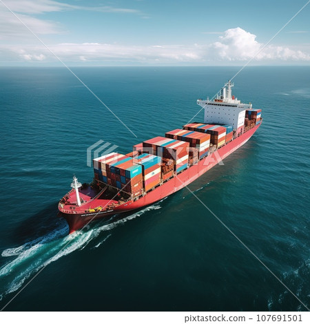 Aerial view to cargo ship with colorful containers on the open sea, transportation concept 107691501