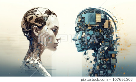 Portrait of AI and human facing each other, AI vs human battle, technology concept Portrait of AI and human facing each other, AI vs human battle, technology concept 107691503