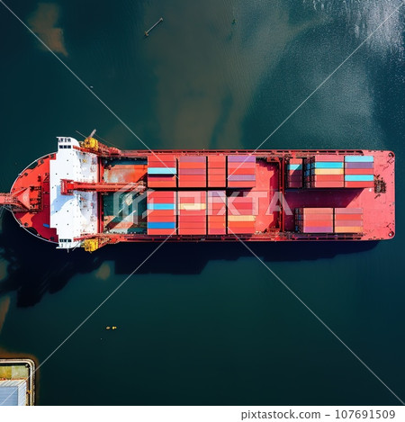 Aerial view to cargo ship with colorful containers on the open sea, transportation concept 107691509