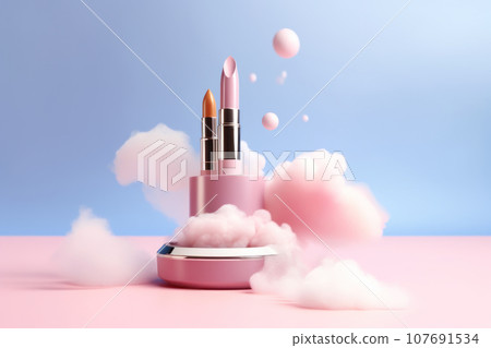 Pink lipsticks fly on an abstract background with shiny textures and a crystal sphere Pink lipsticks fly on an abstract background with shiny textures and a crystal sphere 107691534