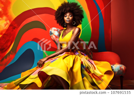 Female portrait of beautiful stylish black woman in elegant multicolored dress at sunset Female portrait of beautiful stylish black woman in elegant multicolored dress at sunset 107691535