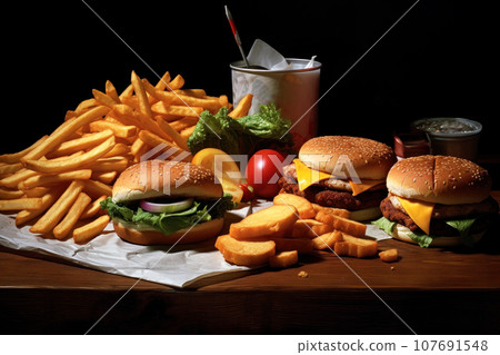 A large set of different fast food. French fries, burgers, nuggets, cutlets, bread and a salad A large set of different fast food. French fries, burgers, nuggets, cutlets, bread and a salad 107691548
