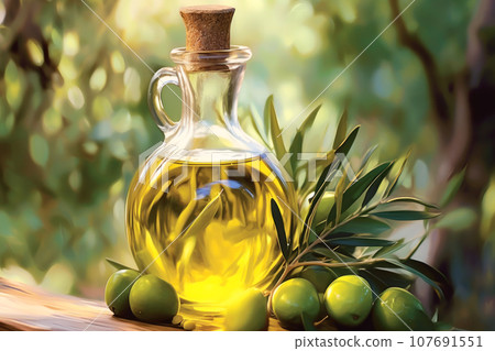 Elegant glass jug with olive oil on a retro wooden table. A transparent bottle Elegant glass jug with olive oil on a retro wooden table. A transparent bottle 107691551