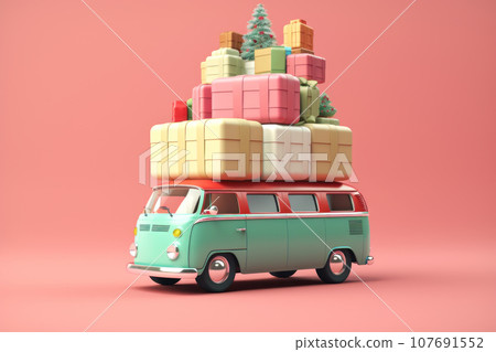 Retro pink minivan with colored suitcases on the roof trunk Retro pink minivan with colored suitcases on the roof trunk 107691552