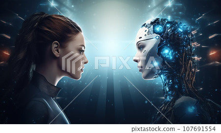 Portrait of AI and human facing each other, AI vs human battle, technology concept Portrait of AI and human facing each other, AI vs human battle, technology concept 107691554