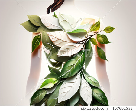 Beautiful leaves wrap around the silhouette of a girl Beautiful leaves wrap around the silhouette of a girl 107691555