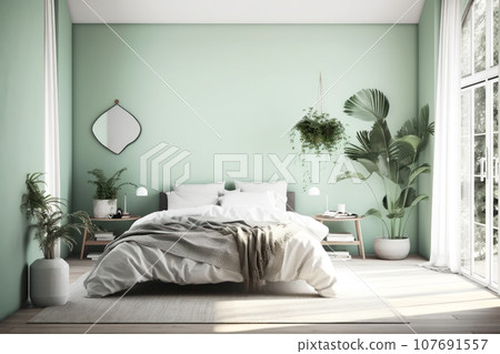 Stylish modern cozy bedroom interior in mint green colors 107691557