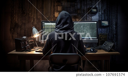 Portrait of hacker with two monitors and modern technology for cyber hacking 107691574