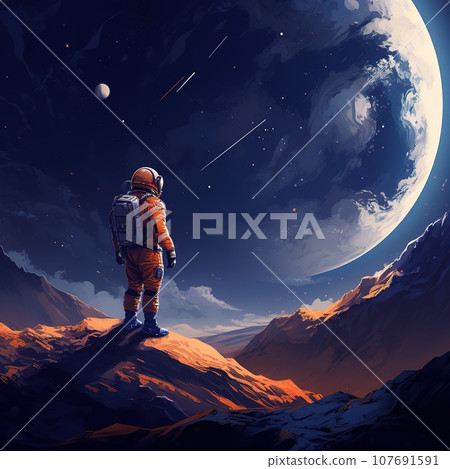 Astronaut on an unidentifiable planet and looking out, astrology concept 107691591