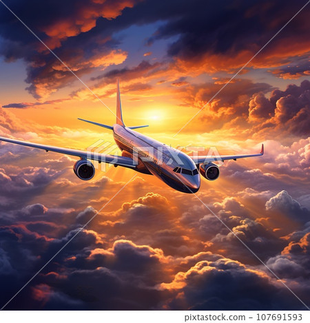 Airplane or airliner in the sky during lovely sunset, transportation concept 107691593