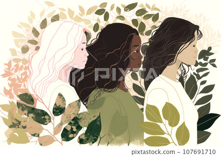 Graphic female portrait of three attractive women of mixed races 107691710