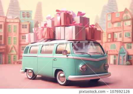 Retro pink minivan with colored suitcases on the roof trunk. Vintage car on a background of city 107692126