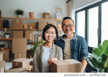Middle-aged married asian couple on background of cardboard boxe 107692130