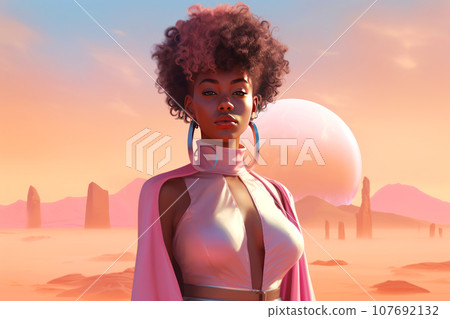 Futuristic portrait of young attractive African woman in pink dress against background of fantastic sunset. Cosmic landscape. Generated by AI. 107692132