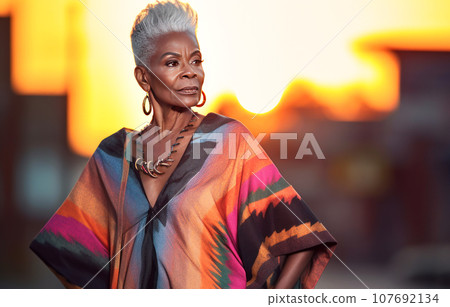 Female portrait of beautiful stylish mature black woman in elegant multicolored dress at sunset. Generated by AI. 107692134