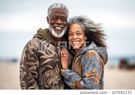 Middle-aged African American couple on background of sandy beach. Family journey. Mature man and woman in stylish casual clothes on seashore. Generated AI. Middle-aged African American couple on background of sandy beach. Family journey. Mature man and woman in stylish casual clothes on seashore. Generated AI. 107692135