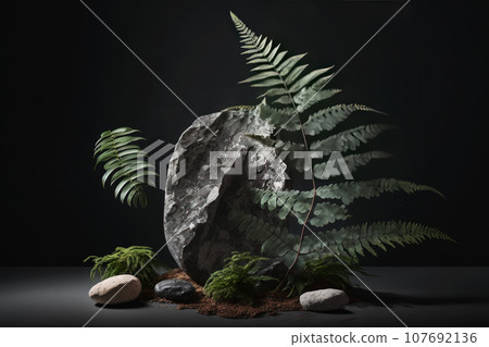 Beautiful natural minimalistic composition with textured stones, fern leaves and moss. Generated by AI. 107692136