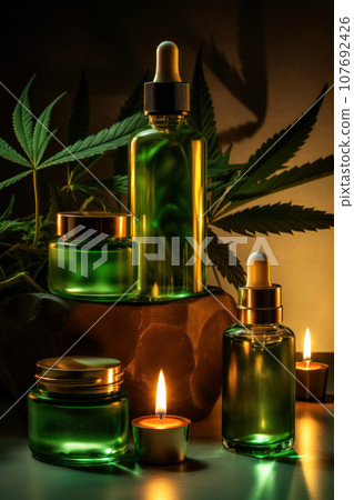 Small glass bottlees with hemp oil with a stopper on a natural backdrop Small glass bottlees with hemp oil with a stopper on a natural backdrop 107692426