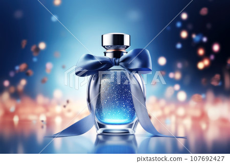 A mock-up of an elegant glass perfume bottle with a gold lid and a sparkles A mock-up of an elegant glass perfume bottle with a gold lid and a sparkles 107692427