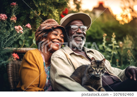 An elderly married black couple is sitting on a wicker bench in the garden with a cat. Generated AI. 107692460