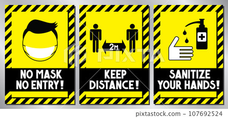 Posters about wearing face masks, keeping distance and sanitizing 107692524
