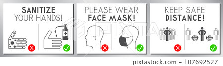 Posters about wearing face masks, keeping distance and sanitizing 107692527