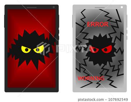 An illustration of a smartphone broken due to a virus invading and being infected. 107692549