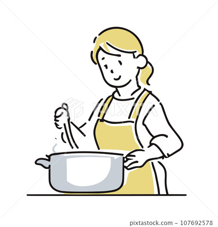 一個穿著圍裙和做飯的女人 107692578