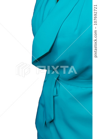 Girl in blue fashionable stylish jumpsuit, suit, clothes part detail shape white isolated background Girl in blue fashionable stylish jumpsuit, suit, clothes part detail shape white isolated background 107692721