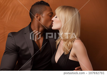 Tender interracial couple kissing and hugging, diverse love concept Generative Ai. Tender interracial couple kissing and hugging, diverse love concept Generative Ai. 107692781