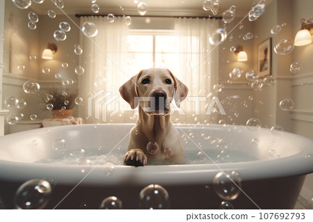 Close up of cute breed dog looks out of the bath. Sweet puppy washes and swims Close up of cute breed dog looks out of the bath. Sweet puppy washes and swims 107692793