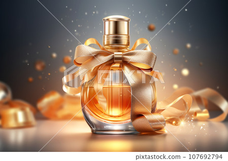 A mock-up of an elegant glass perfume bottle with a gold lid and a sparkles A mock-up of an elegant glass perfume bottle with a gold lid and a sparkles 107692794