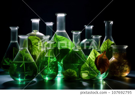 An unusual pattern of different glass bottles with cork stoppers and green leaves An unusual pattern of different glass bottles with cork stoppers and green leaves 107692795