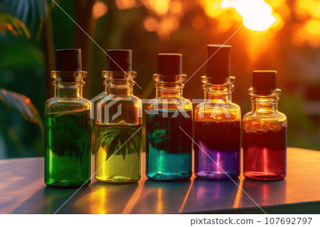 Small glass bottlees with hemp oil with a stopper on a natural backdrop Small glass bottlees with hemp oil with a stopper on a natural backdrop 107692797