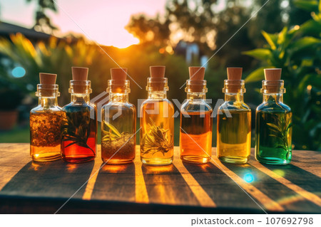 Small glass bottlees with hemp oil with a stopper on a natural backdrop Small glass bottlees with hemp oil with a stopper on a natural backdrop 107692798
