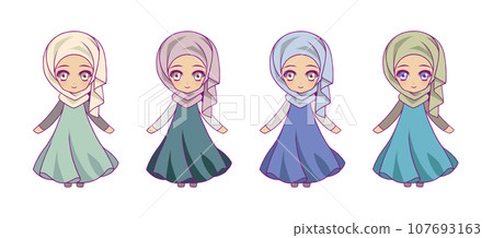 Anime-style deformed full-body illustration set of Muslim girl characters Anime-style deformed full-body illustration set of Muslim girl characters 107693163