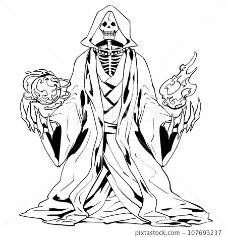 戴著兜帽的骷髏怪物圖線畫,具有魔法效果不死骷髏法師 戴著兜帽的骷髏怪物圖線畫,具有魔法效果不死骷髏法師 107693237