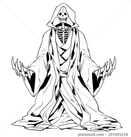 Monster illustration line drawing of a skeleton wearing a hood, undead, skeleton mage, rich 107693239