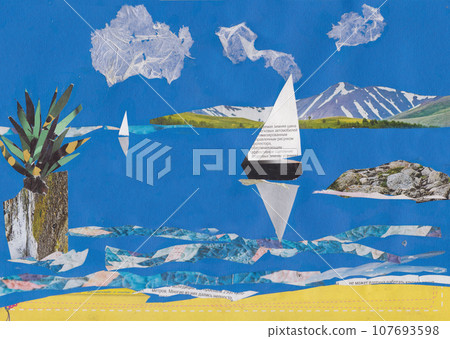 South sea with sailboats and palm tree on the shore South sea with sailboats and palm tree on the shore 107693598