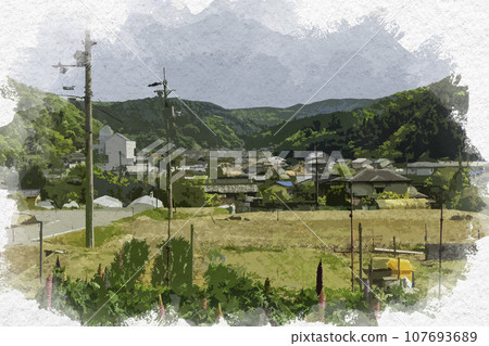 Watercolor style crescent moon townscape Sayo Town, Sayo District, Hyogo Prefecture Watercolor style crescent moon townscape Sayo Town, Sayo District, Hyogo Prefecture 107693689