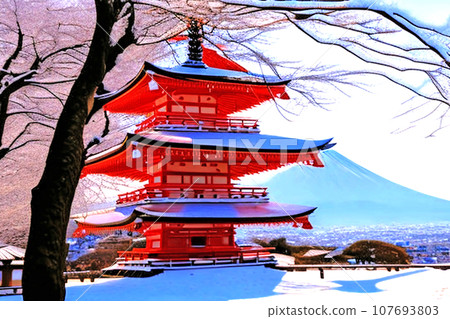 一幅自然景觀插圖，展示了歷史悠久的塔樓和富士山的櫻花。生成式人工智慧 107693803