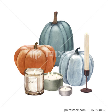 Watercolor candles and pumpkins, autumn decor. Hand-drawn illustration isolated on white background, cozy home and hygge concept. Perfect for menu, cooking, packing, card 107693832