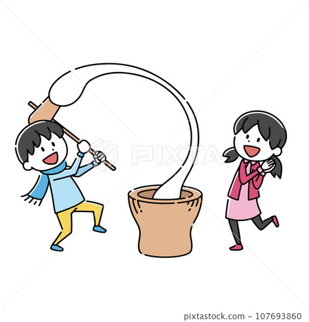 Illustration of a boy and a girl pounding rice cakes on New Year's Day 107693860