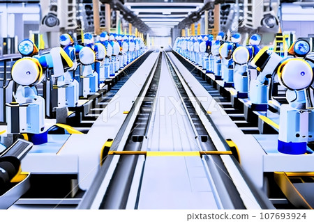 An illustration of many assembly robots lined up on a conveyor belt at a factory. Generative AI 107693924