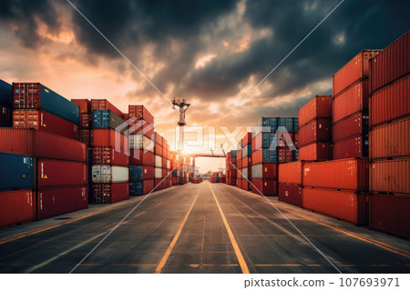 Industrial port with shipping containers. Generative AI 107693971