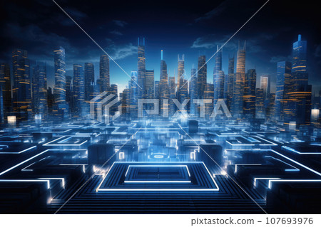 Futuristic smart city with illuminated digital connections. Generative AI 107693976
