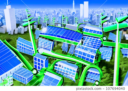 Illustration of an eco-system building that generates electricity using renewable energy. Generative AI Illustration of an eco-system building that generates electricity using renewable energy. Generative AI 107694040