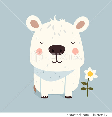Funny white cartoon dog next to a flower. Cute pet daydreaming with eyes closed 107694170